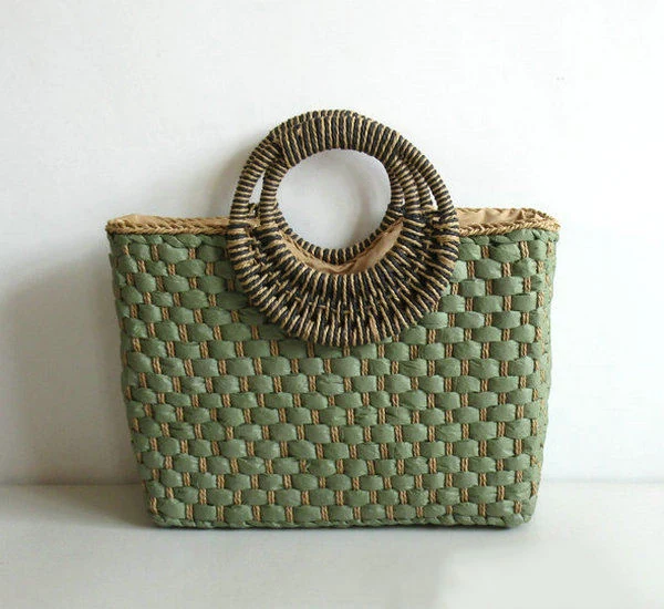 Color-Match Woven Straw Tote with Round Handles Green color SKU reference
