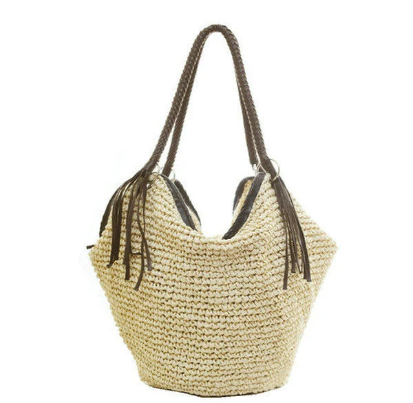 Crochet Woven Beach Shoulder Bag with Tassel Beige color SKU reference