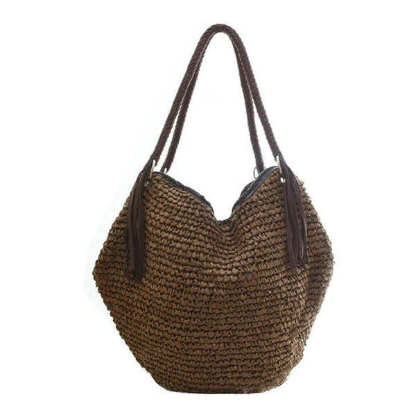 Crochet Woven Beach Shoulder Bag with Tassel Brown color SKU reference