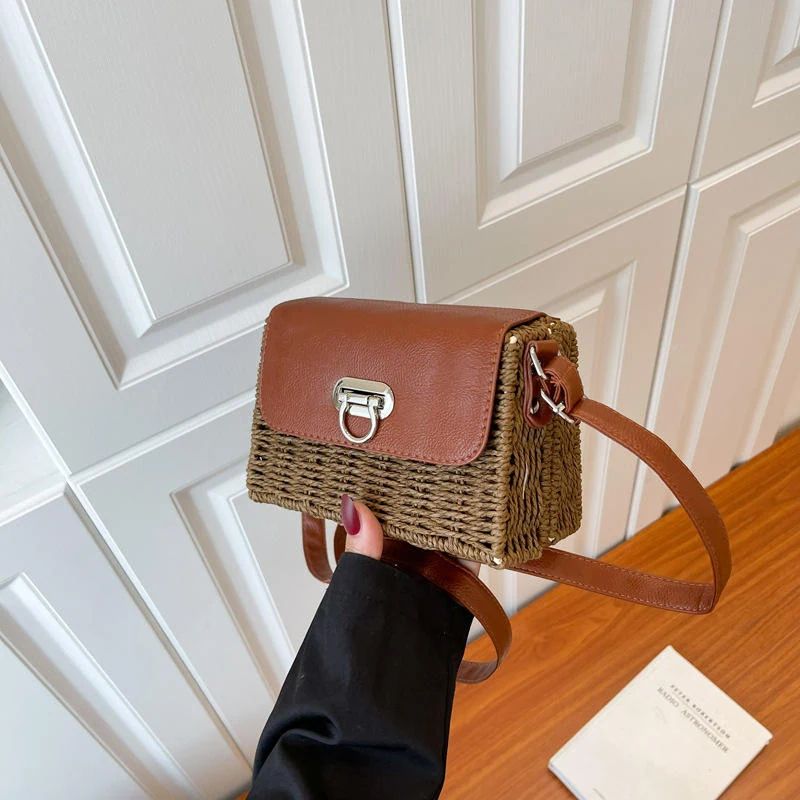 Woven Square Crossbody Beach Bag with Five Color References Brown color SKU reference