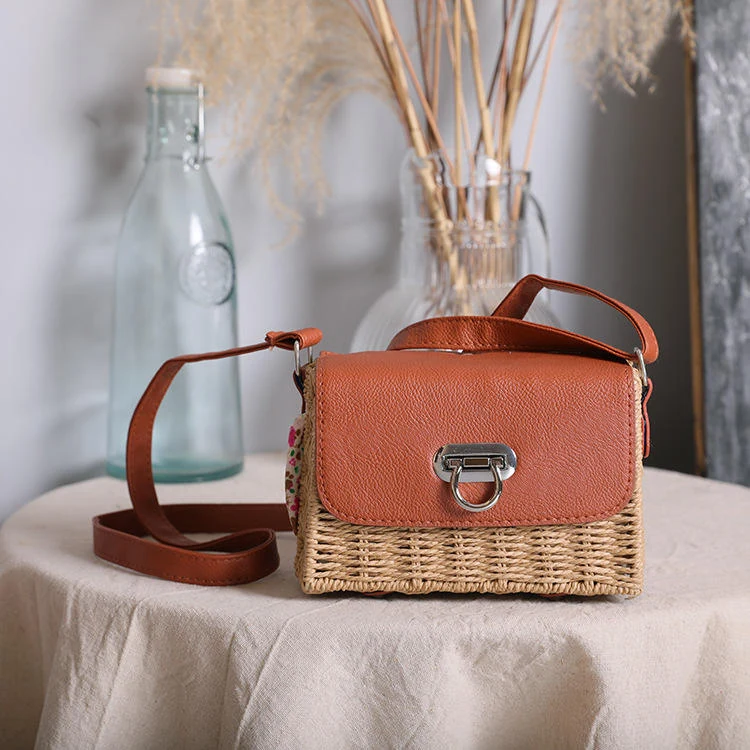 Woven Square Crossbody Beach Bag with Five Color References Khaki color SKU reference