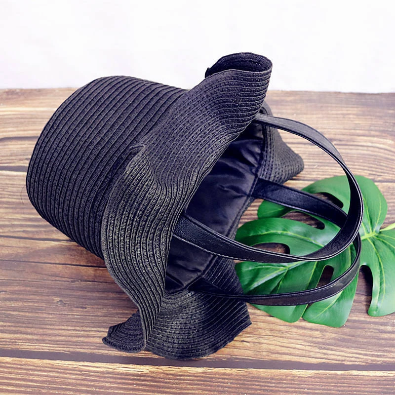 Hat-Shaped Woven Drawstring Mini Bag Black color SKU reference