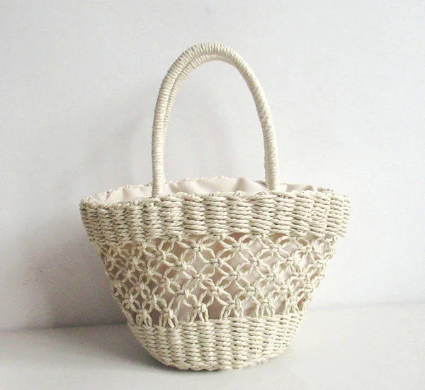 Hollow-Out Woven Beach Tote with Shoulder Carry Beige color SKU reference