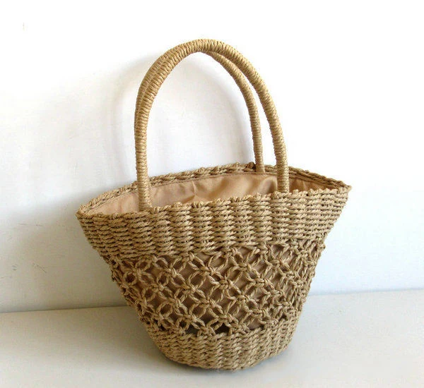 Hollow-Out Woven Beach Tote with Shoulder Carry Brown color SKU reference