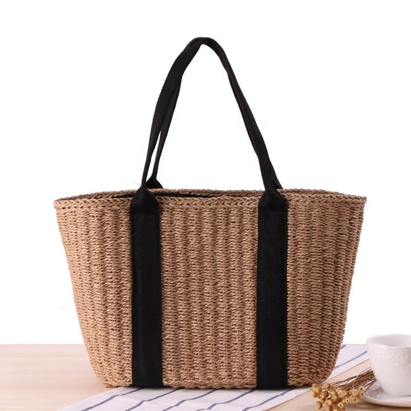 Color-Block Woven Straw Tote with Top Handles product reference image