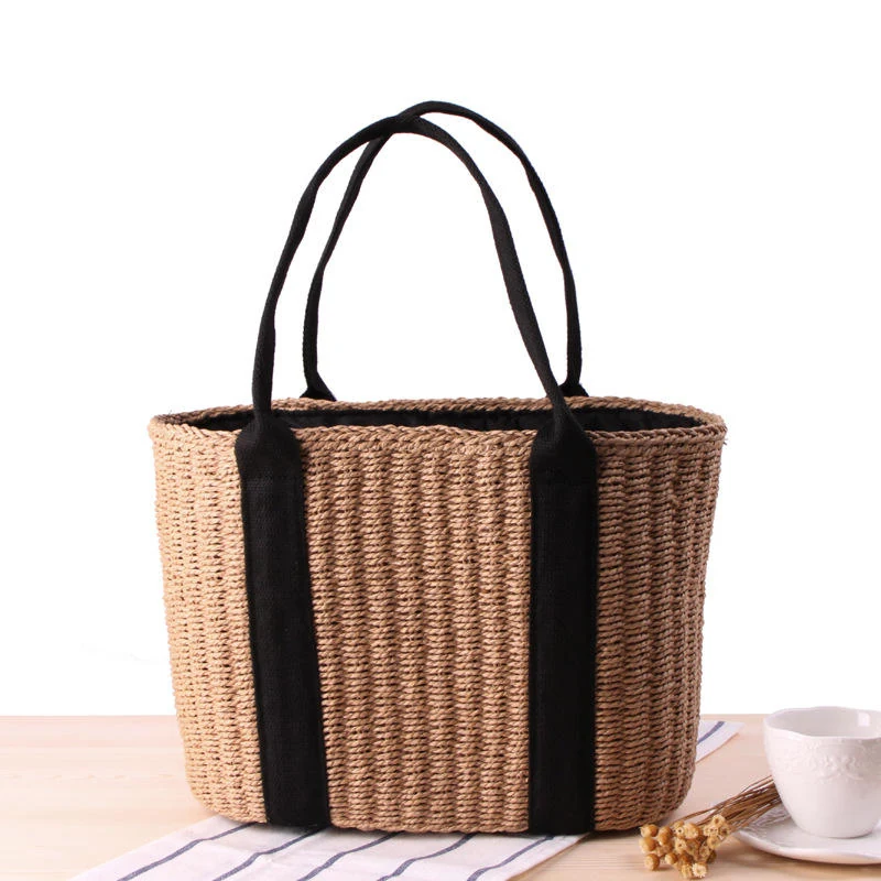 Color-Block Woven Straw Tote with Top Handles Brown color SKU reference