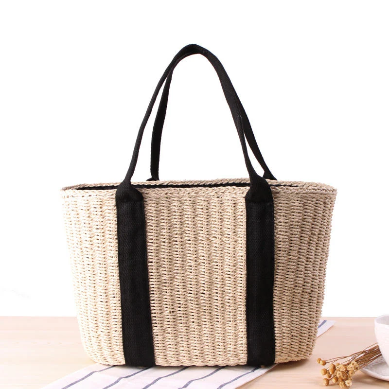 Color-Block Woven Straw Tote with Top Handles Beige color SKU reference