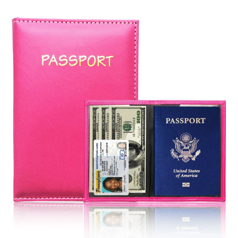 Slim PU Leather Passport and ID Card Holder in 8 Colors Pink color SKU reference