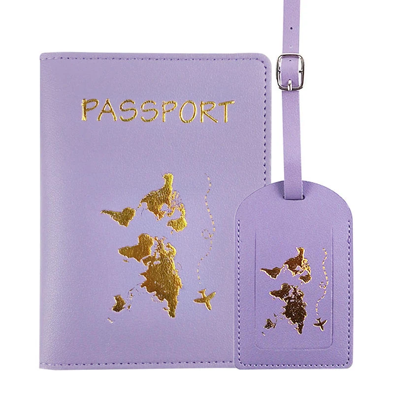 PU Passport Cover, Card Holder and Luggage Tag Collection Purple Set color SKU reference