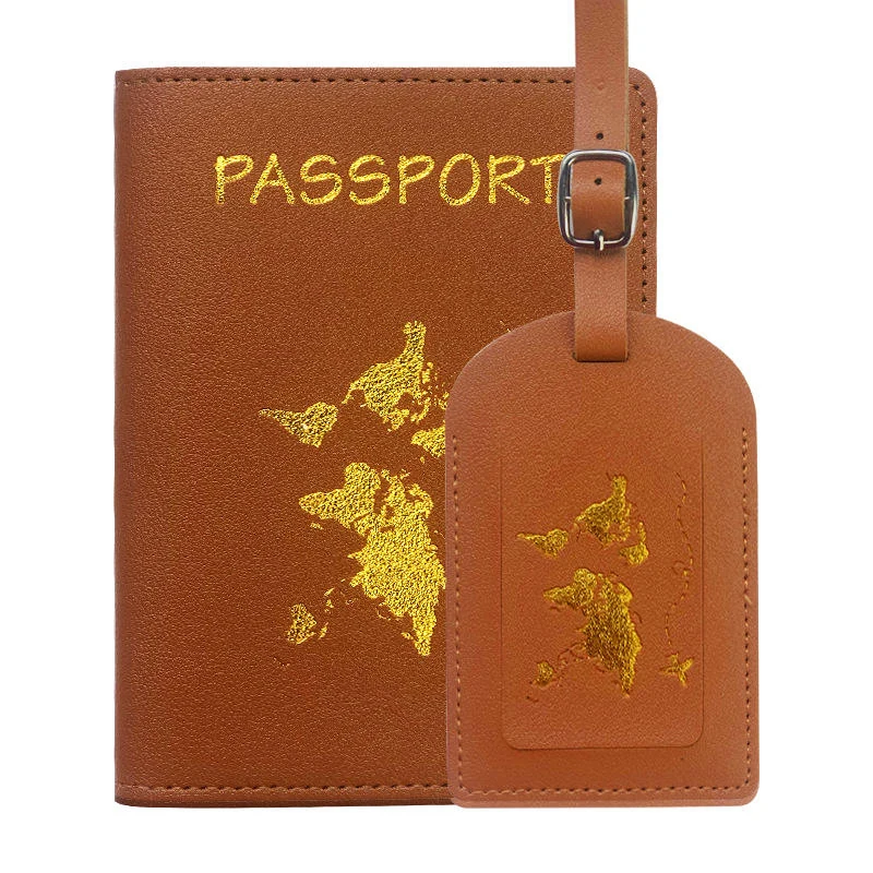 PU Passport Cover, Card Holder and Luggage Tag Collection Brown Set color SKU reference
