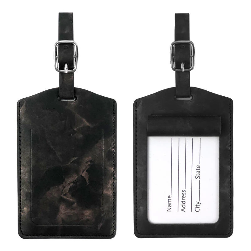 PU Leather Luggage Tag with Metal Buckle and Privacy Cover Black color SKU reference