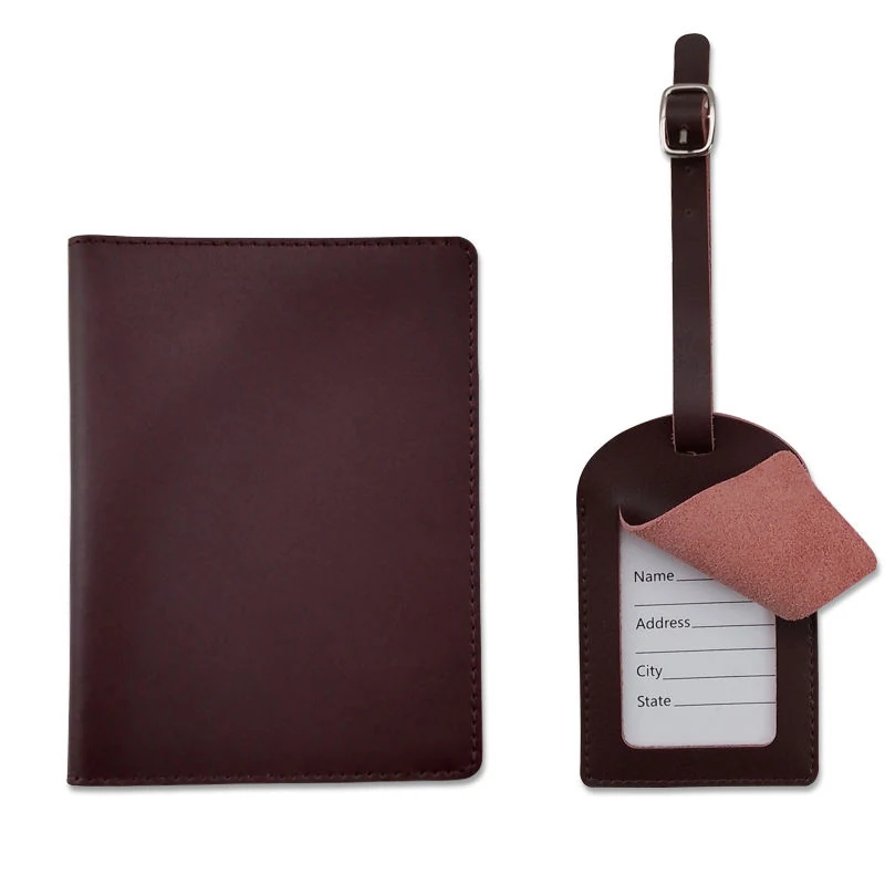 Genuine Leather Passport Holder & Luggage Tag Set Brown Set color SKU reference