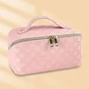 Checkerboard PU Cosmetic Bag with Double Zipper Pink color SKU reference