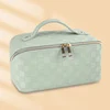 Checkerboard PU Cosmetic Bag with Double Zipper Light Green color SKU reference