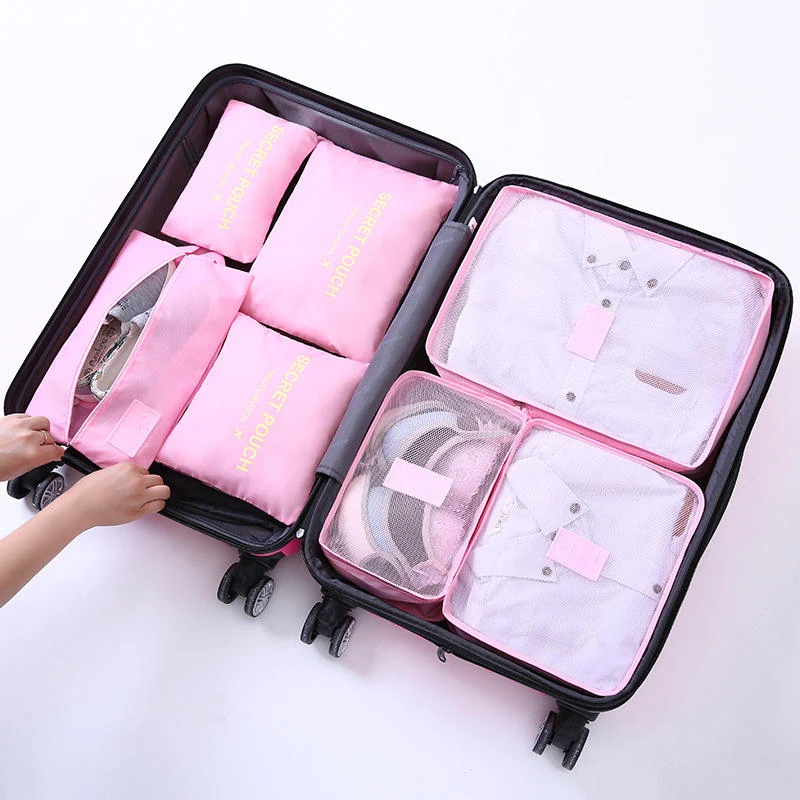 Seven-Piece Packing Cube Set for Travel Luggage Pink color SKU reference