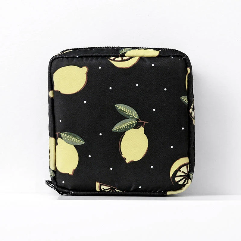 Printed Nylon Lipstick & Coin Pouch with Zipper Black lemon color SKU reference
