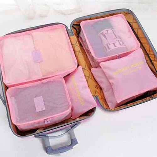 Six-Piece Mesh Travel Organizer Cube Set Pink color SKU reference