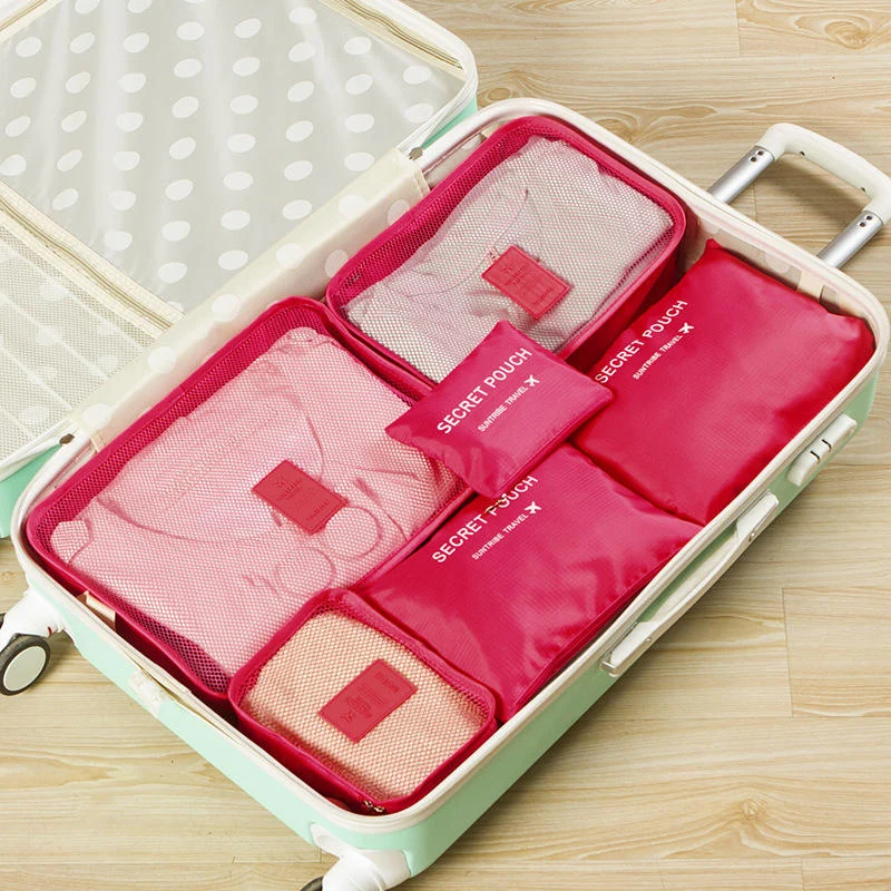 Six-Piece Mesh Travel Organizer Cube Set Rose red color SKU reference