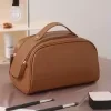 PU Leather Cosmetic Bag with Double Zipper Light brown color SKU reference