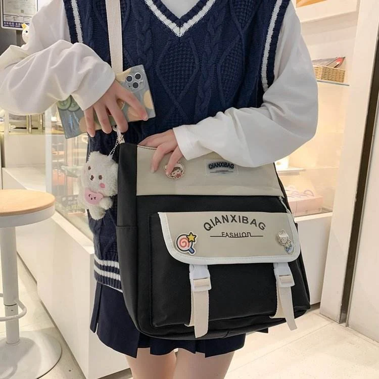Canvas College Crossbody Bag with Bear Pendant Black color SKU reference