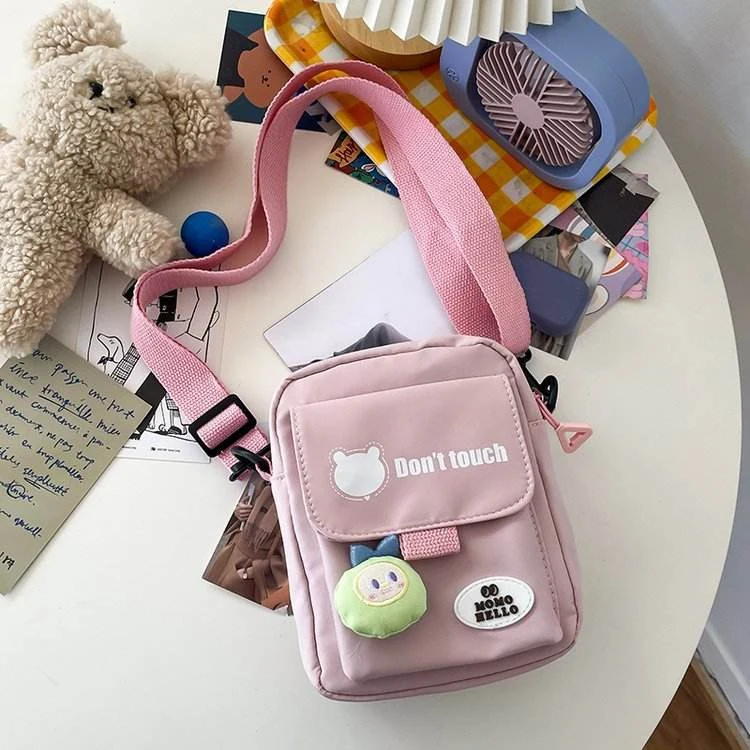 Mini Nylon Crossbody Bag with Bear Pendant & Adjustable Strap Pink color SKU reference
