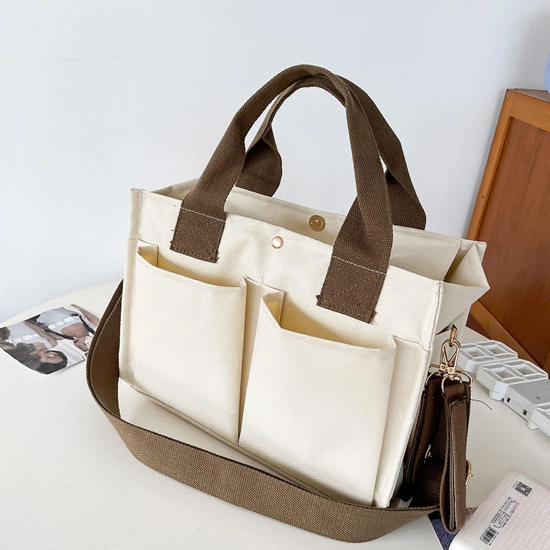 Oxford Multi-Pocket Shoulder Tote with Zip Closure White color SKU reference