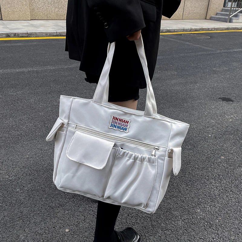Color-Block Oxford Multi-Pocket Shoulder Tote White color SKU reference