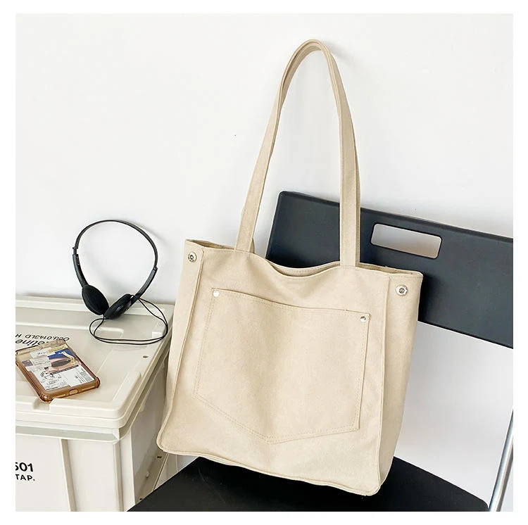 Vintage Canvas Tote Bag with External Pocket White color SKU reference