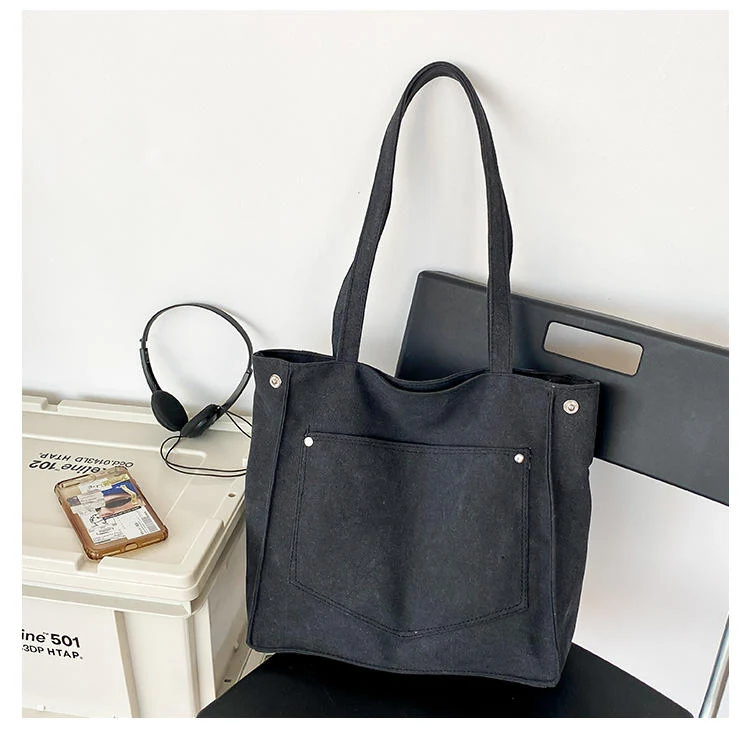 Vintage Canvas Tote Bag with External Pocket Black color SKU reference