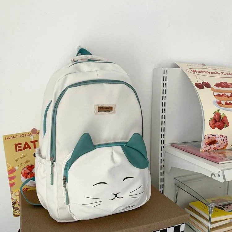 Oxford School Backpack with Cartoon Cat Print & Doll Pendant White color SKU reference