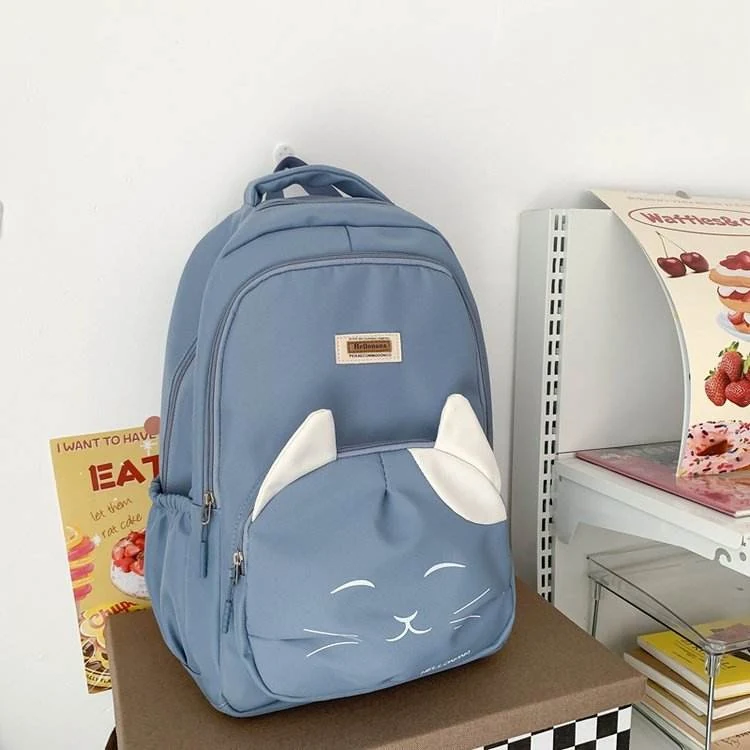 Oxford School Backpack with Cartoon Cat Print & Doll Pendant Blue color SKU reference