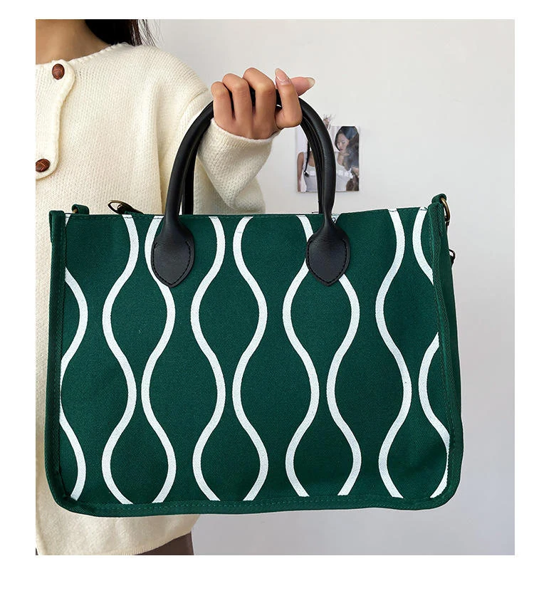 Vintage Canvas Tote Bag with Zip Closure & Removable Strap Green color SKU reference