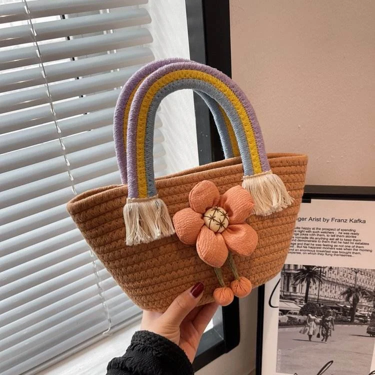 Mini Straw Tote with Rainbow Woven Handles & Flower Detail Khaki color SKU reference
