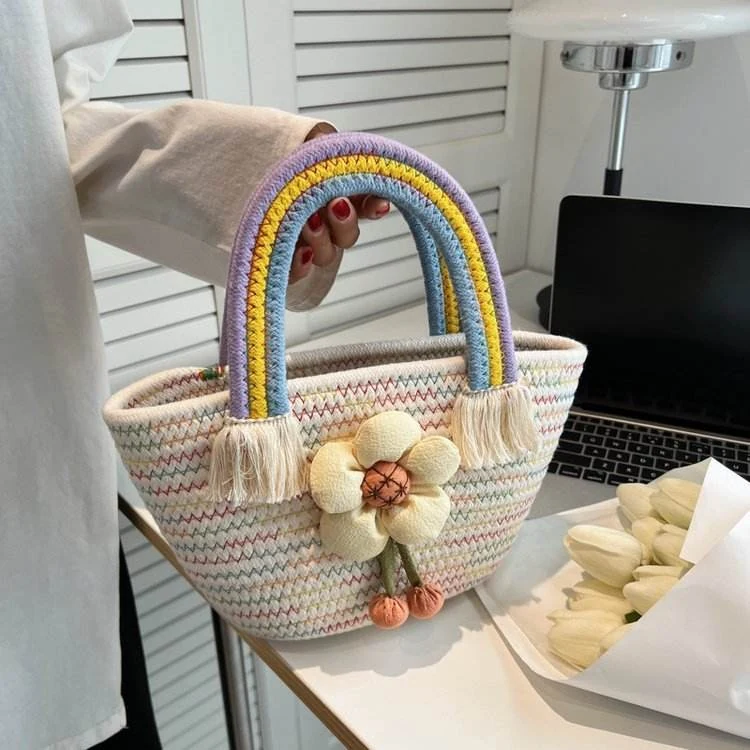 Mini Straw Tote with Rainbow Woven Handles & Flower Detail Color (shade to confirm) color SKU reference