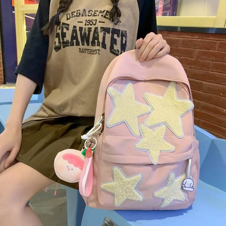 Star-Detail School Backpack with Pink Doll Pendant Pink color SKU reference