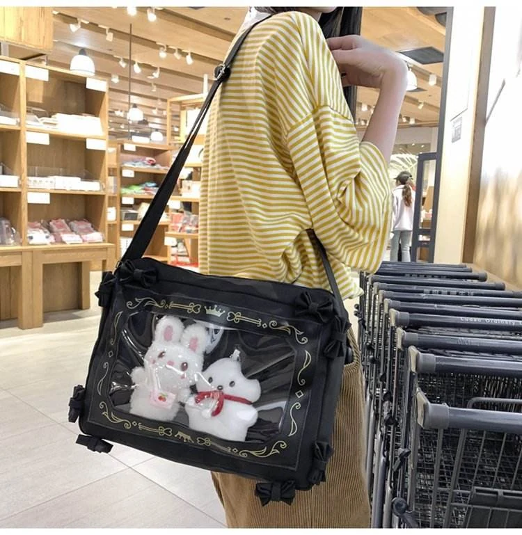 Nylon Crossbody Bag with Clear Window & Bow Detail Black color SKU reference