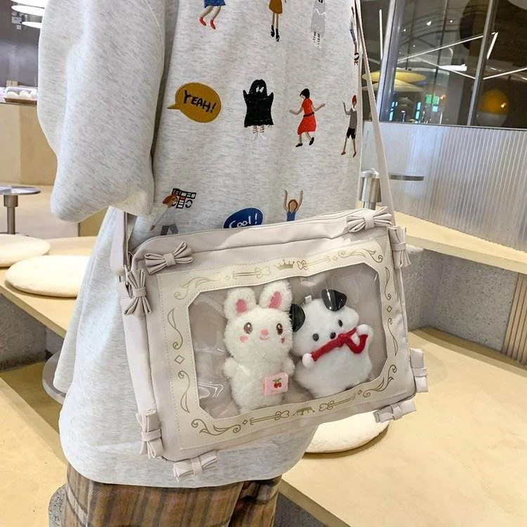 Nylon Crossbody Bag with Clear Window & Bow Detail White color SKU reference