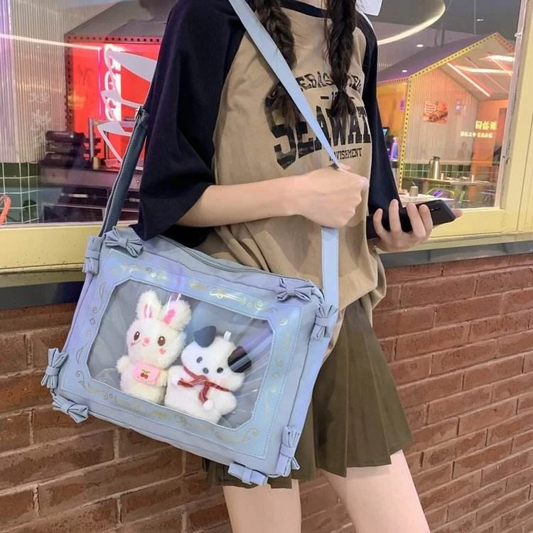 Nylon Crossbody Bag with Clear Window & Bow Detail Blue color SKU reference