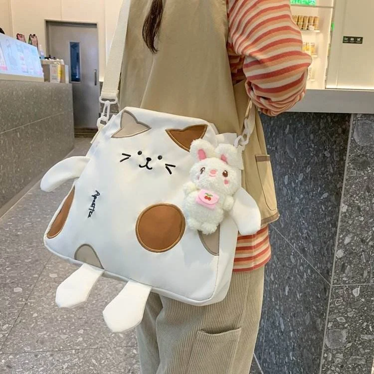 Nylon Cartoon Cat Crossbody Bag with Rabbit Pendant White color SKU reference