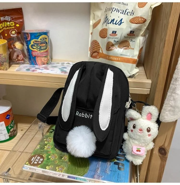 Nylon Crossbody Bag with Embroidered Rabbit & Plush Tail Black color SKU reference