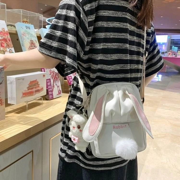 Nylon Crossbody Bag with Embroidered Rabbit & Plush Tail White color SKU reference