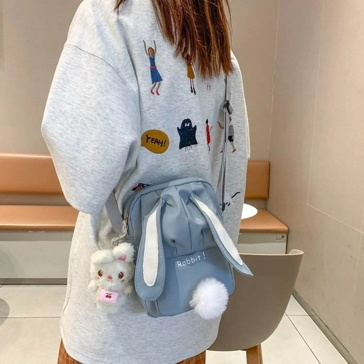 Nylon Crossbody Bag with Embroidered Rabbit & Plush Tail Blue color SKU reference