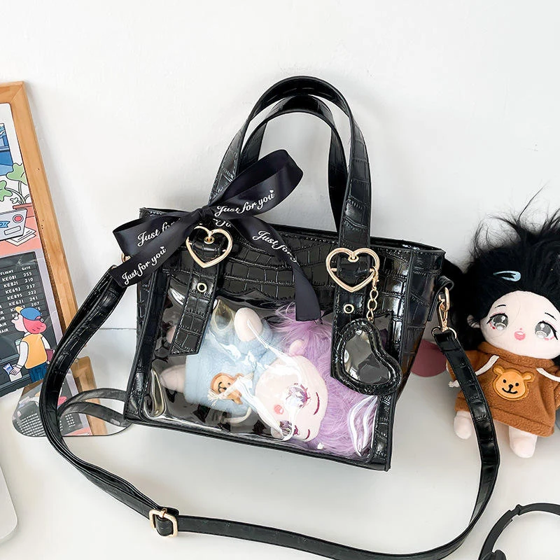 PU Crossbody Bag with Clear Window & Heart Hardware Black color SKU reference