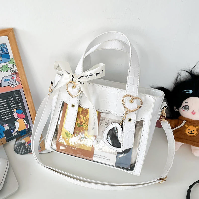 PU Crossbody Bag with Clear Window & Heart Hardware White color SKU reference