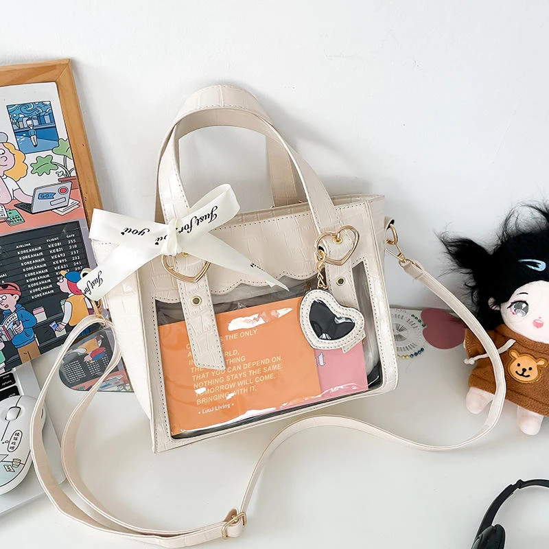 PU Crossbody Bag with Clear Window & Heart Hardware Beige color SKU reference