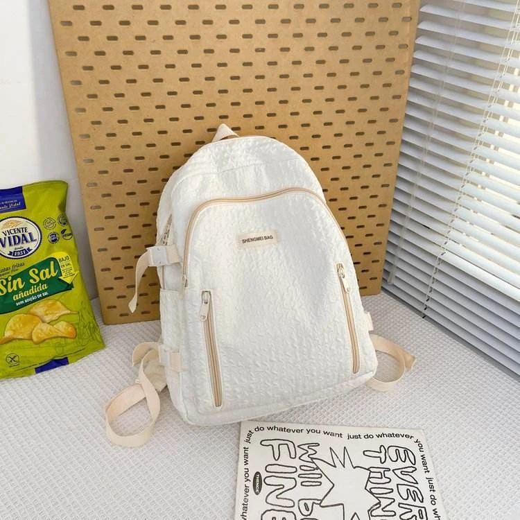 Nylon Bubble-Grid School Backpack with Bear Pendant White color SKU reference