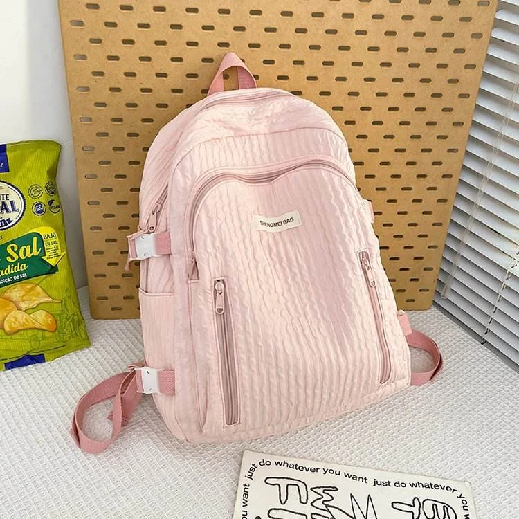 Nylon Bubble-Grid School Backpack with Bear Pendant Pink color SKU reference