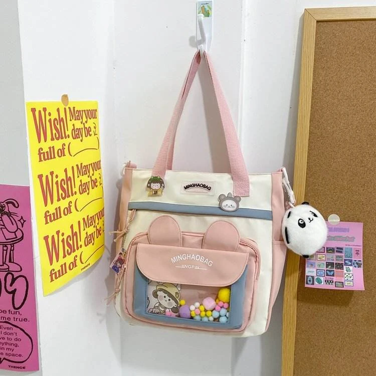 Character Shoulder Bag with Rabbit-Ear Pocket & Doll Pendant Pink color SKU reference