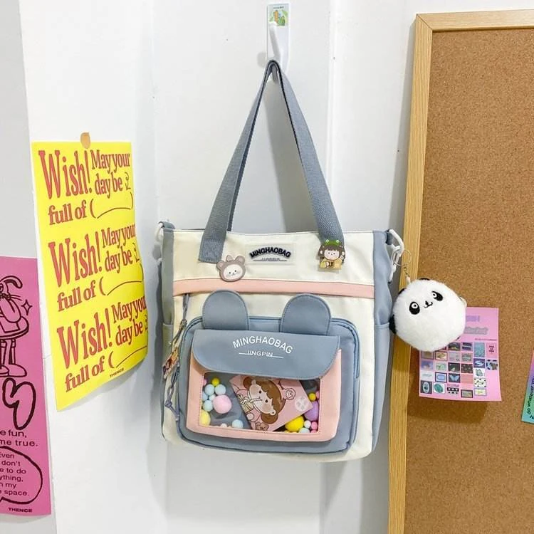 Character Shoulder Bag with Rabbit-Ear Pocket & Doll Pendant Blue color SKU reference