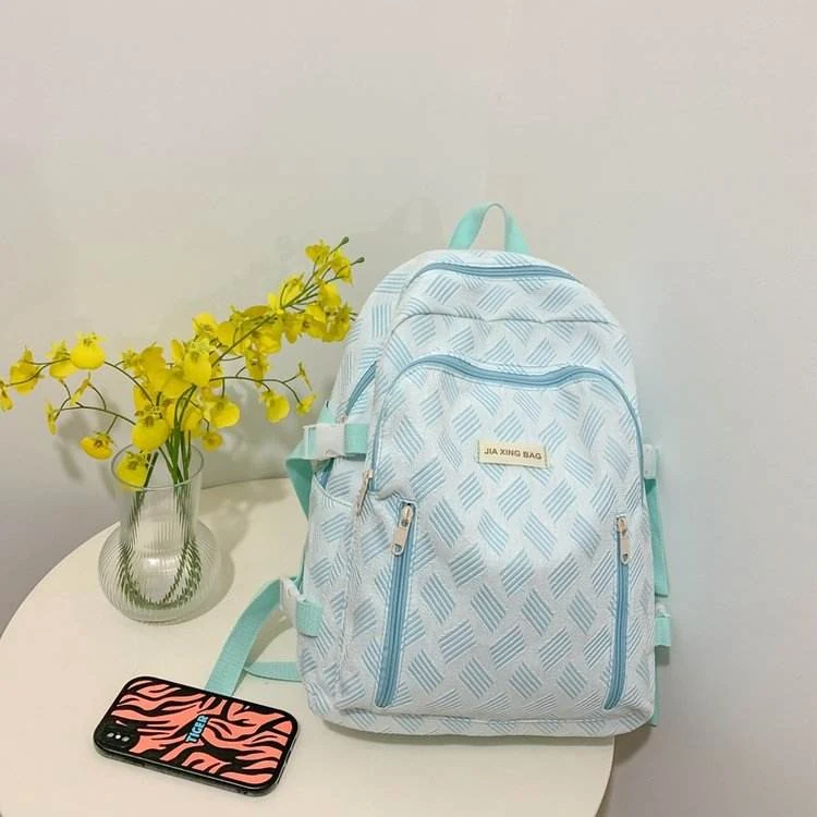 Striped School Backpack with Doll Pendant & Multi-Pocket Storage Blue color SKU reference